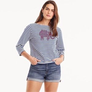 J. CREW Blockprints Striped Elephant Print Tee 3/4 Sleeve Top Shirt Blue Small